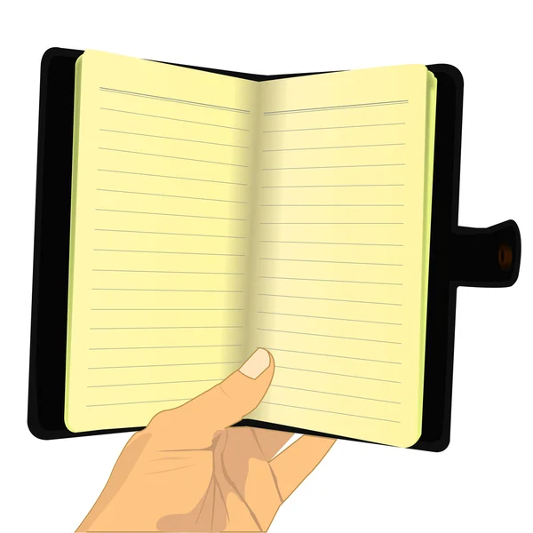 Mão segurando notebook em branco — Vetor de Stock