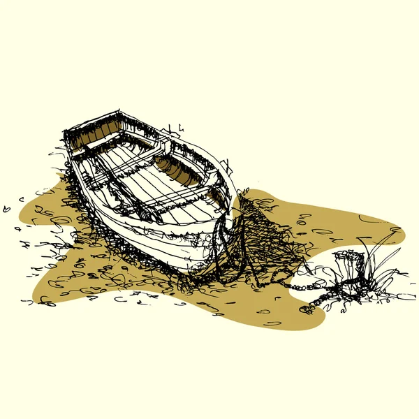 Croquis bateau de dessin sur vecteur sol — Image vectorielle