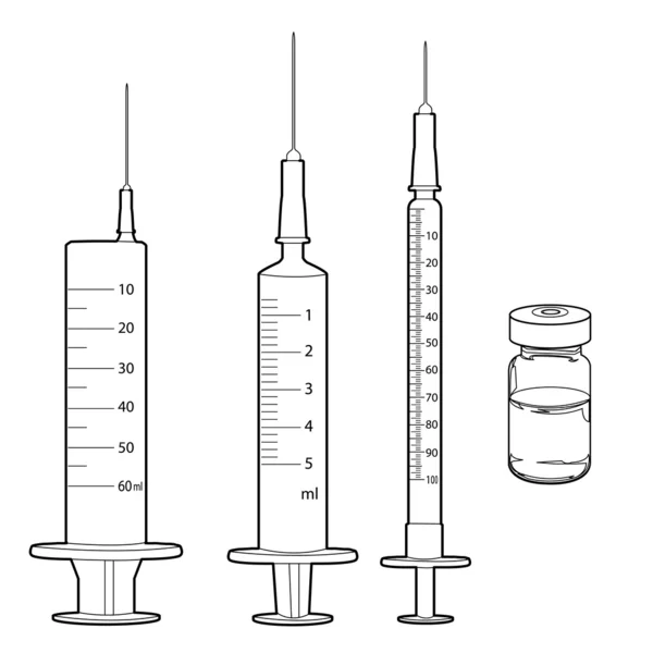 Frascos para injetáveis de seringas e medicamentos delinear vetor — Vetor de Stock