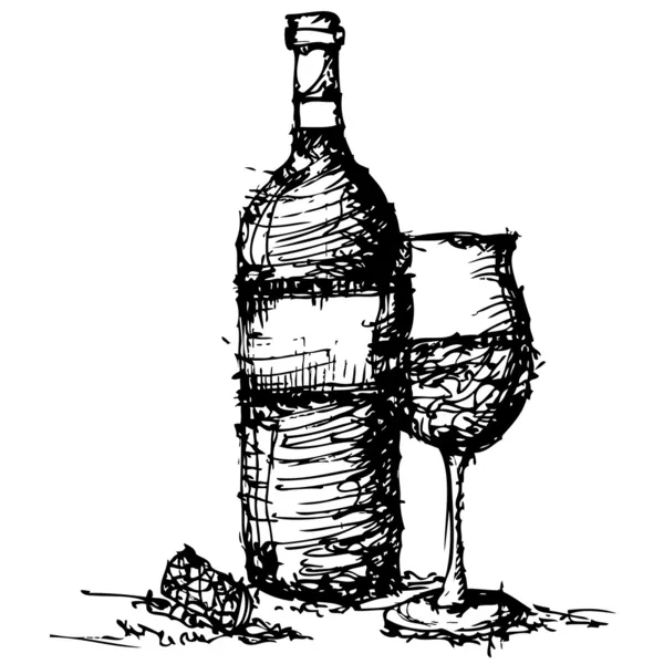 Desenho de esboço de garrafa de vinho e vetor de vidro — Vetor de Stock