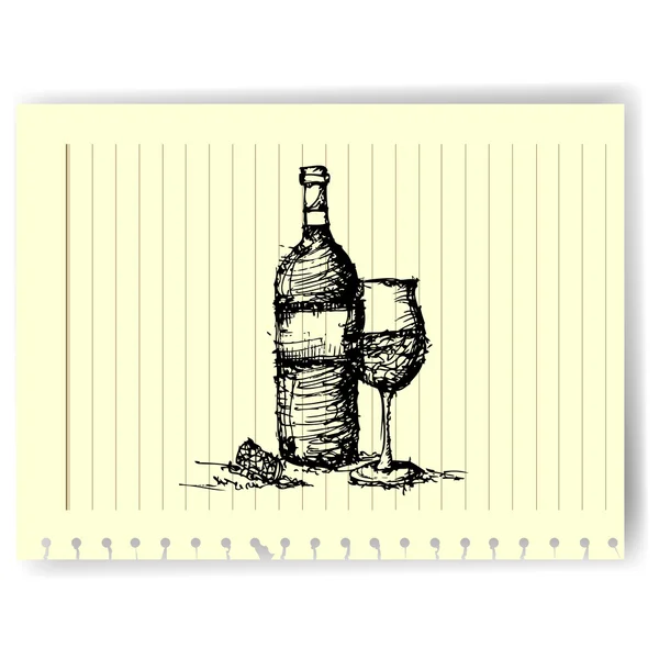 Skiss teckning av vin flaska och glas på linjerat papper sidan vektor — Stock vektor