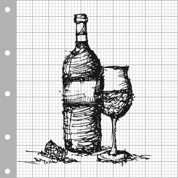 Desenho de esboço de vinho em vetor de papel gráfico cinza — Vetor de Stock