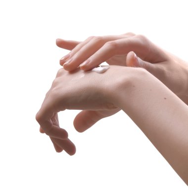 görüntü izole kız ellerini beyaz krem uygulamak