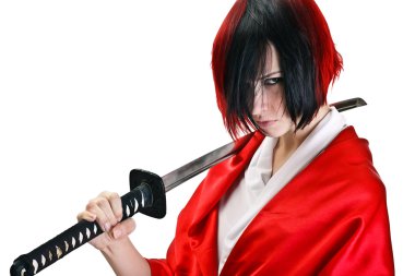 White red girl with a stern look holding katana clipart