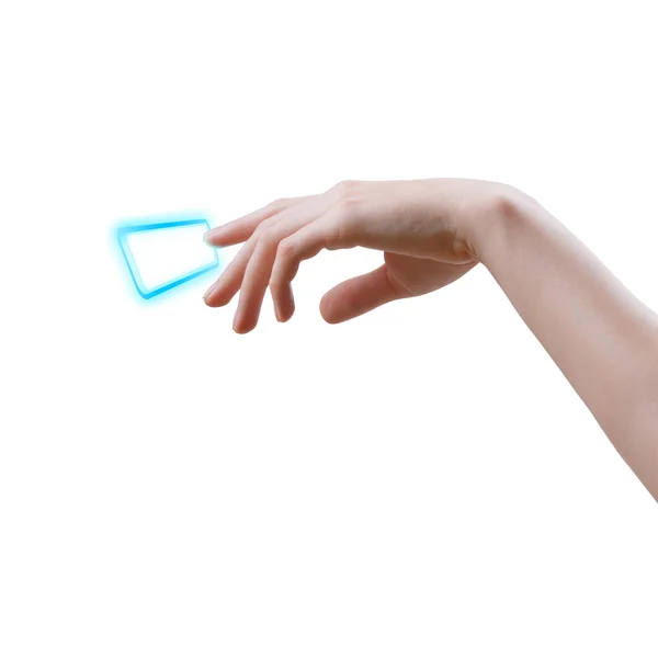 Ženská ruka se dotýká virtuální tlačítko — Stock fotografie