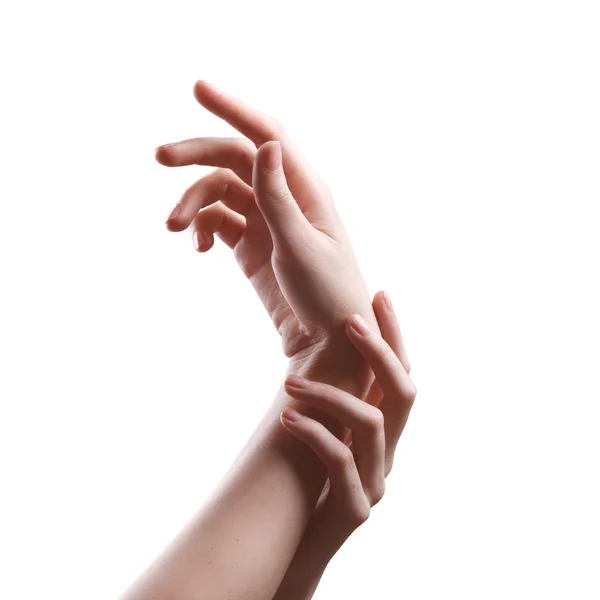 Dos chicas perfectas manos tratando de sentir el pulso aislado en whi — Foto de Stock