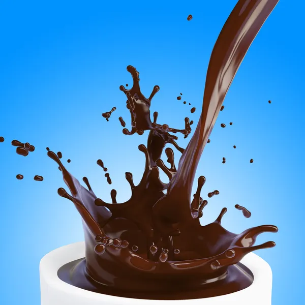 Salpicadura aislada de chocolate caliente marrón en azul — Foto de Stock