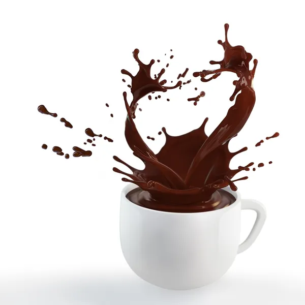 Splash brązowy gorącą czekoladę w białej porcelany na białym tle — Zdjęcie stockowe