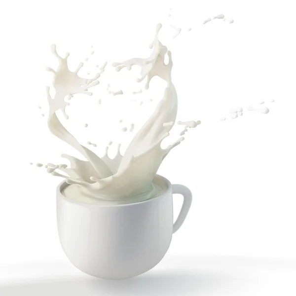 Splash van witte melk in porseleinen kopje geïsoleerd — Stockfoto