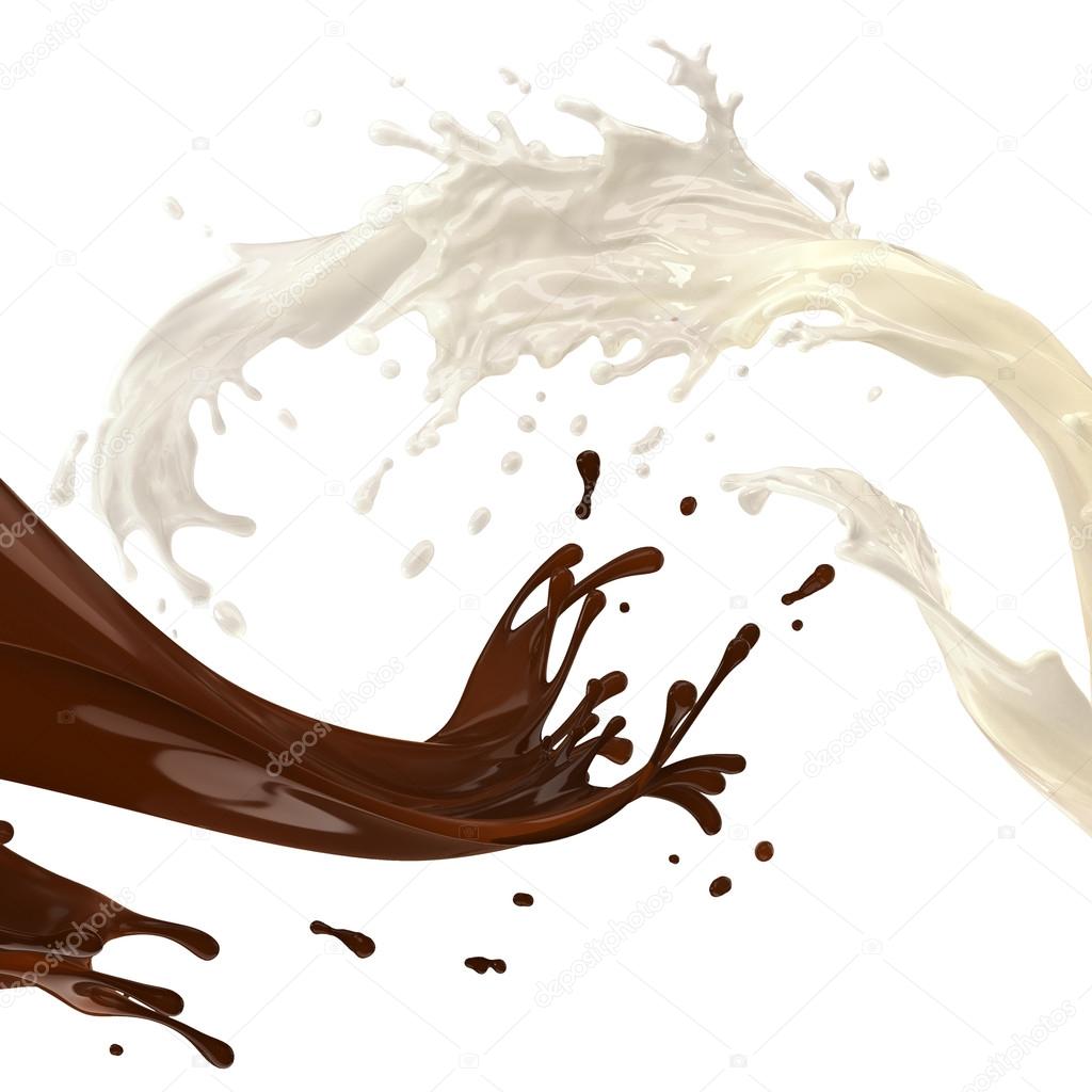 White creamy milk and liquid chocolate splashes isolated