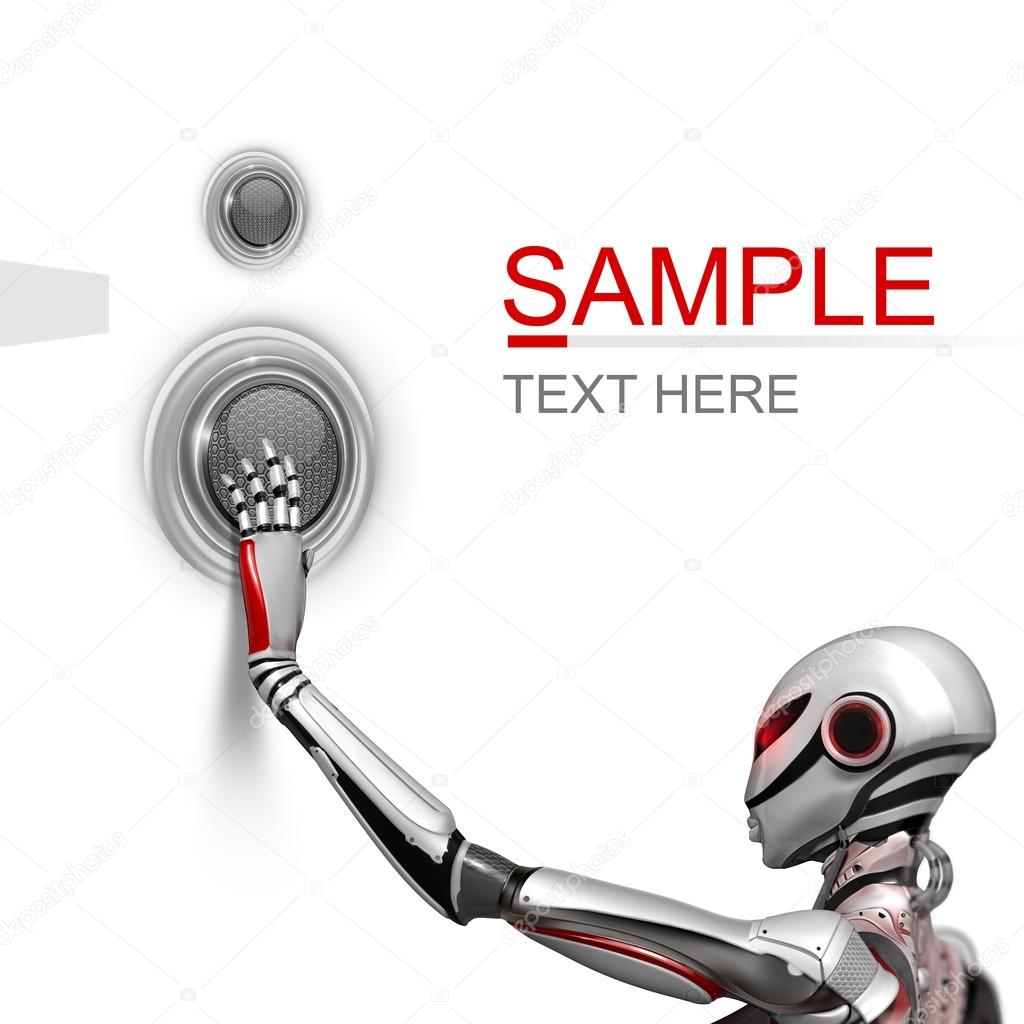 Futuristic design template. Female Robot pushing a techno button on white background isolated