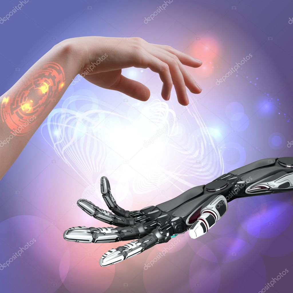 Woman and robot hand on abstract techno background