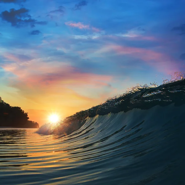 Open water landscape rough colored ocean wave breaking at sunset time — Stock Photo, Image