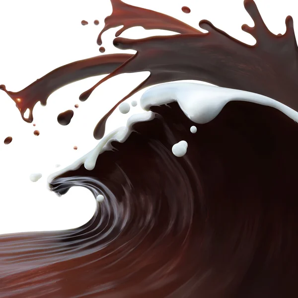 Splashed brown coffee chocolate wave and white cream milk on top — Stock Photo, Image