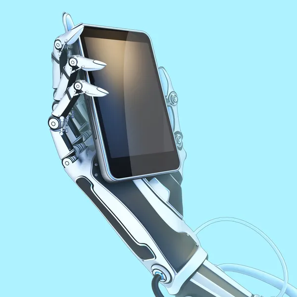 Robot futurista que sostiene el teléfono inteligente brillante — Foto de Stock