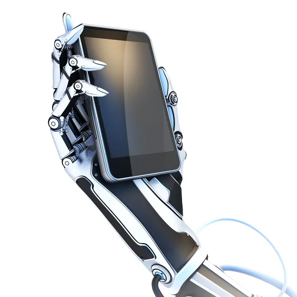 Futuristic robot holding glossy smartphone — Stock Photo, Image