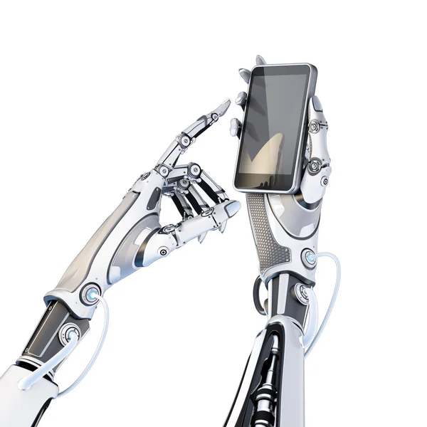 Robô segurando smartphone brilhante — Fotografia de Stock