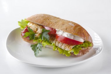 Beyaz arka plan üzerinde izole bir plaka üzerinde ayak uzun sandviç