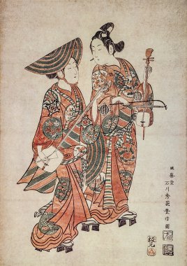 Suzuki huranobu. sokak müzisyenleri. geleneksel Japon gravür ukiyo-e