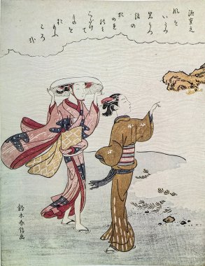 Suzuki harunobu. iki kız. geleneksel Japon gravür