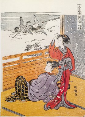 geyşa ve onun Tanrı. geleneksel Japon gravür ukiyo-e