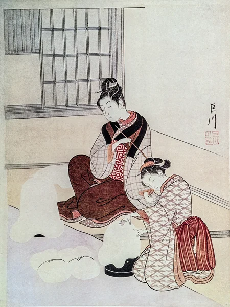 Suzuki Harunobu. Family scene. Japanese engraving. — Stock Photo, Image