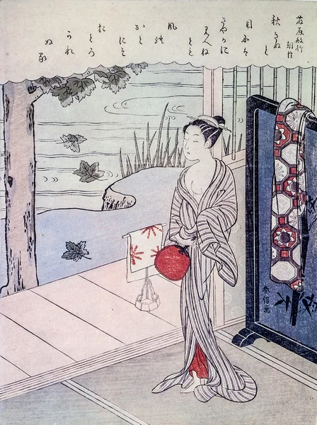 Suzuki Harunobu. Geyşa. Geleneksel Japon gravürlü Ukiyoe.