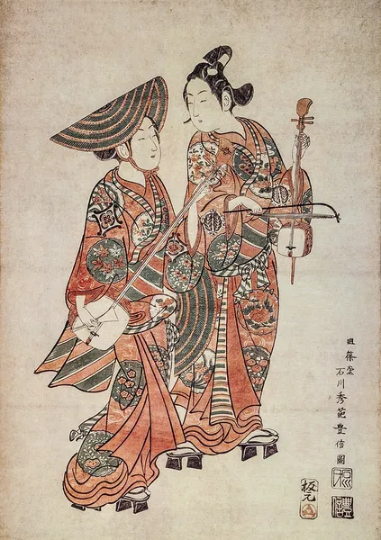 Suzuki Huranobu. Street musicians. Traditional japanese engraving Ukiyo-e — Stock Photo, Image