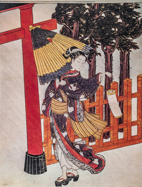 Suzuki Harunobu. Woman in the night. Japanese engraving.