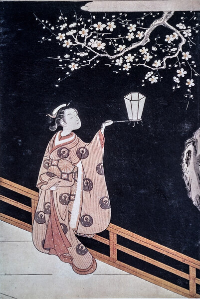 Suzuki Harunobu. Woman admiring witj a night plum tree.