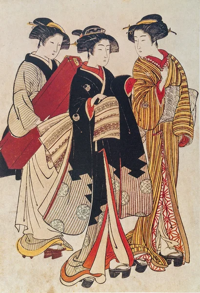 Kitao Shigemasa. Geisha, Assistant, and Maid Carrying Shamisen Case — Stock Photo, Image