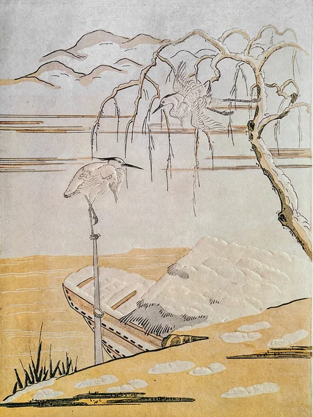 Des hérons sur une rivière. Gravure japonaise traditionnelle Ukiyo-e — Photo