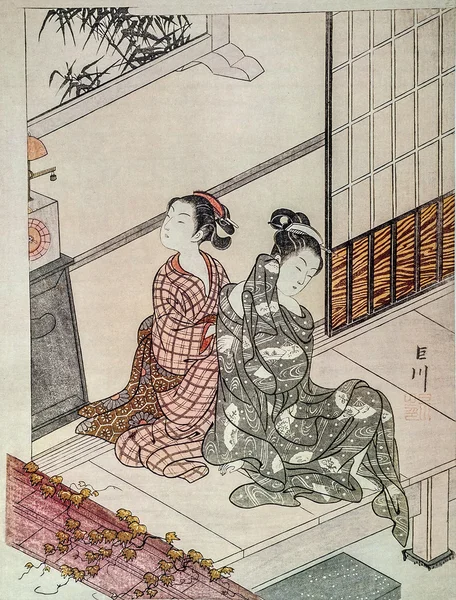 Ocho vistas. La Campana de la Tarde Suzuki Harunobu. Grabado japonés . —  Fotos de Stock