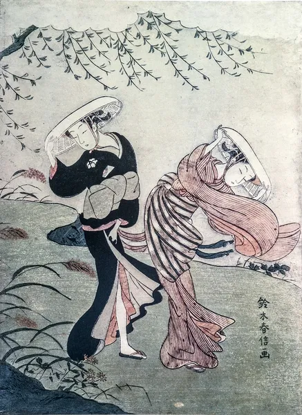 Suzuki harunobu. Windstoß. traditioneller japanischer Stich — Stockfoto