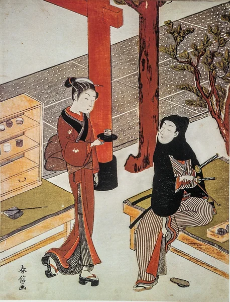 Suzuki Harunobu. Ceremonia del té Imagen de stock