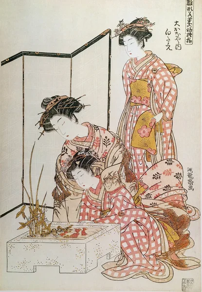 三名日本妇女。传统的日本雕刻浮世绘 图库图片