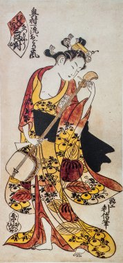 shamisen oynuyor. geleneksel Japon gravür ukiyo-e.