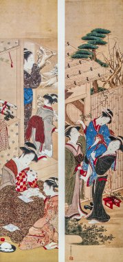 geyşa yaşam sahneleri. geleneksel Japon gravür ukiyo-e.