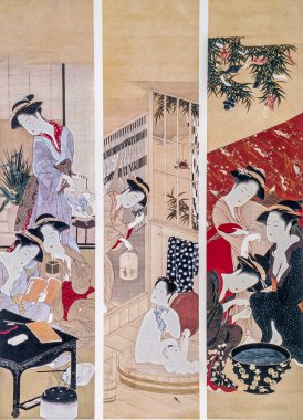 geyşa yaşam sahneleri. geleneksel Japon gravür ukiyo-e.