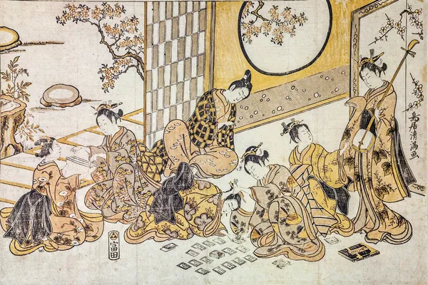Torii Kiyomitsu. Divertindo-se em bairros japoneses do século 18. tradicional japonês gravura ukiyo-e . Fotografia De Stock