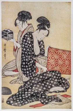 kadın elbise yapma. Kitagawa utamaro. geleneksel Japon gravür ukiyo-e.