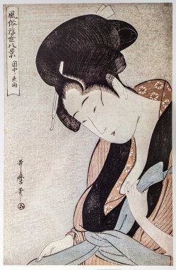 kadın yağmurlu gece yatak odasında. Kitagawa utamaro. geleneksel Japon gravür ukiyo-e.