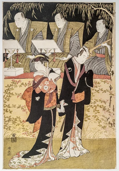 Torii kiyonaga. degatari '(Musiker) mit sawamura sojuro iii als jihei und iwai hanshiro iv als koharu — Stockfoto