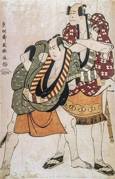 Toshusai Sharaku, Les acteurs Arashi Ryuzo II et Otani Hiroyi III dans les rôles des valets Ukiyo no Matahei et Tosa no Matahei . — Photo