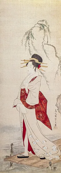 荣志 chobunsai。一艘渡轮在等待的女人。传统的日本雕刻浮世绘. — 图库照片