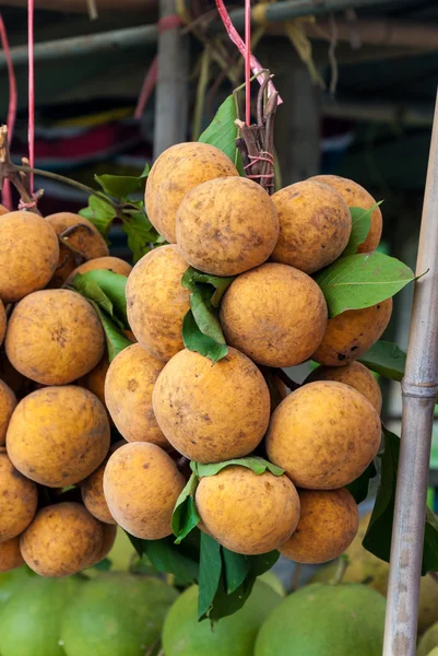 Abricots frais ou prunes sont suspendus sur le marché — Photo