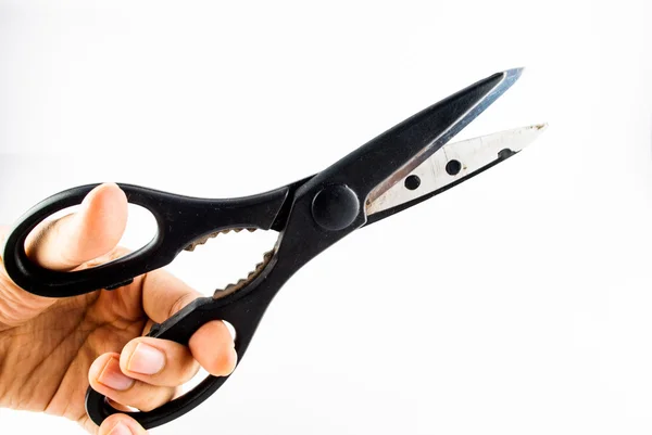 Staré nůžky s černou rukojetí na bílém pozadí - řezací nůžky — Stock fotografie