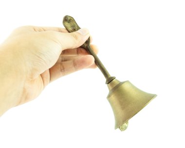 beyaz zemin üzerine - el ele handbell izole el içinde el çan