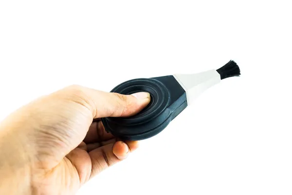 Blower brush isolated at the white background - Blower brush for cleaning lenses and cameras - black brush for photo camera — Stock Photo, Image
