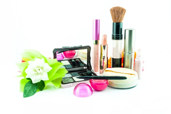 Makeup brush and cosmetics set, on a white background isolated - decorative cosmetics for makeup — Stock Photo, Image